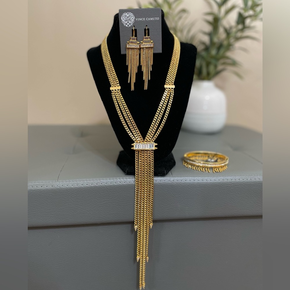 Vince Camuto Gold Multi Strand Rhinestone Statement Jewelry Set Chain Fringe 3PC